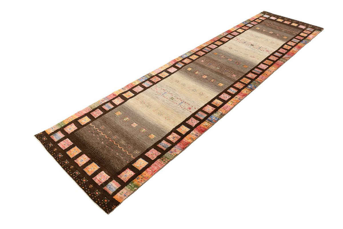 Biegacz Dywan Gabbeh - Loribaft Indus - 306 x 80 cm - ciemny beż