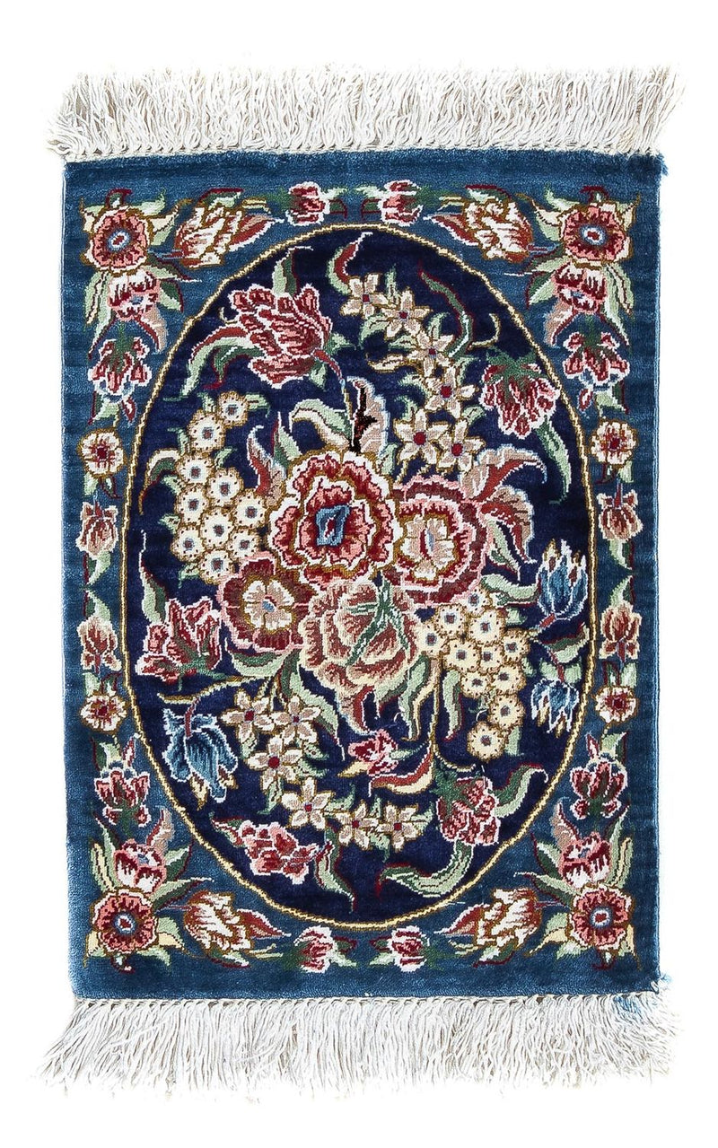 Jedwabny dywan - Ghom Silk - Premium - 40 x 28 cm - ciemnoniebieski