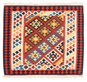 Dywan Kelim - Orientalny kwadratowy  - 101 x 93 cm - ciemna czerwień